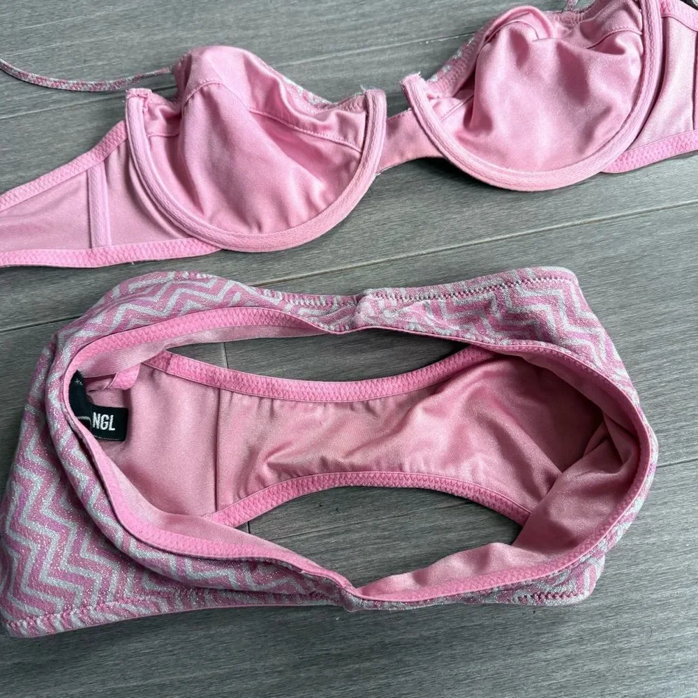 TRIANGL Rhian Mirage Bikini Set Pink Chevron Sparkle | Top S Bottom XS Beach